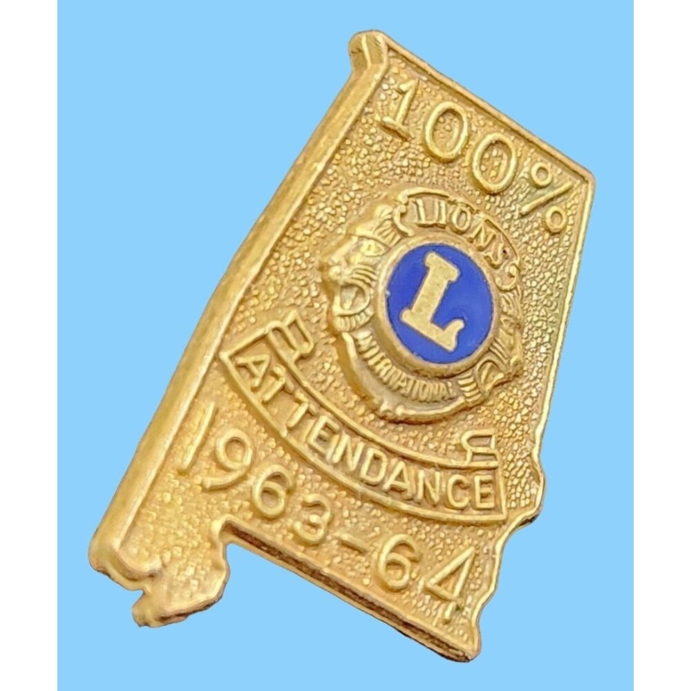 Lions Club 100% Attendance Pin 1963-64 Alabama Shape‎ Gold Tone